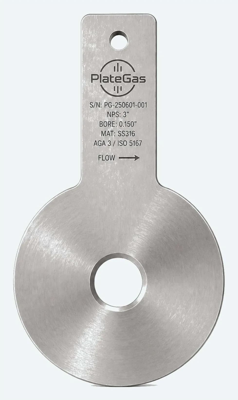 Platina de orificio PlateGas en acero inoxidable, con su placa de identificación grabada y el orificio calibrado en el centro del disco.