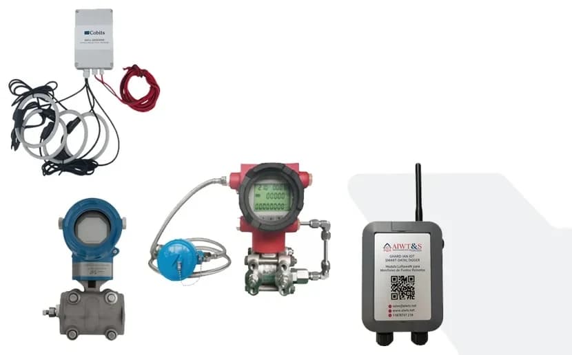 Equipos AIWT&S: transmisores de presión y presión diferencial, sensor de temperatura y módulo registrador de datos con antena.