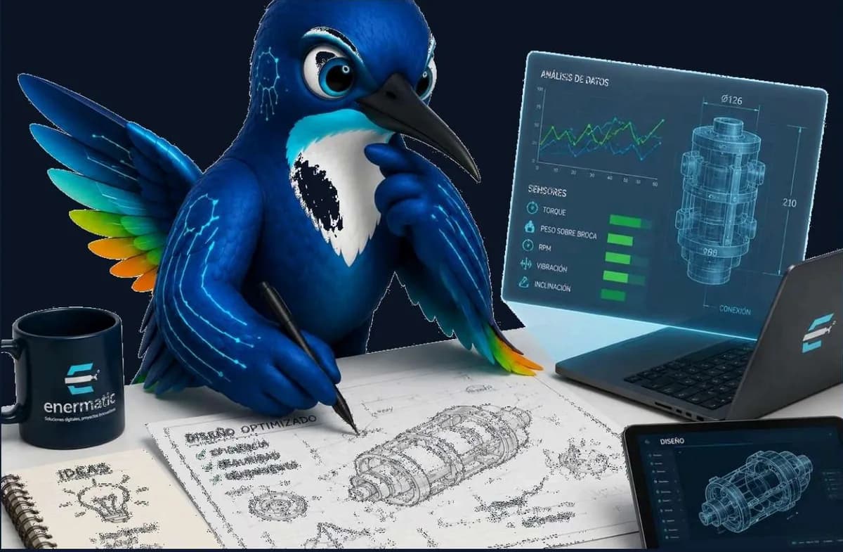 Ilustración de Ener, la mascota de Enermatic, trabajando sobre planos junto a un portátil con tableros de análisis de datos y lecturas de sensores.
