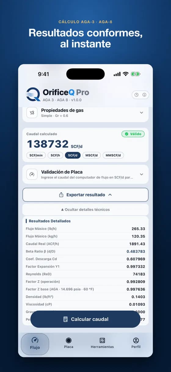 Resultados del cálculo con el detalle técnico desplegado