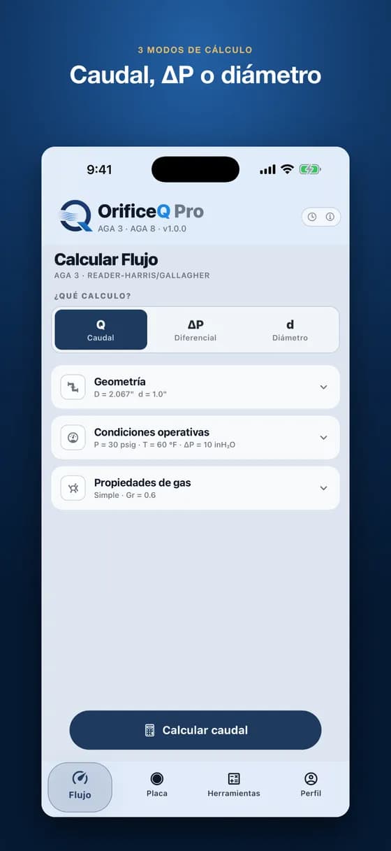 Pantalla de entrada de datos para el cálculo de caudal