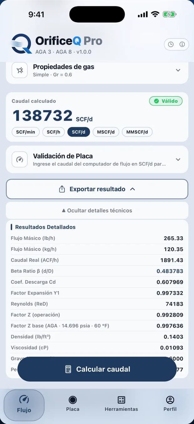 Pantalla de resultados de OrificeQ Pro: caudal calculado de 138 732 SCF/d marcado como válido, con el detalle técnico desplegado.