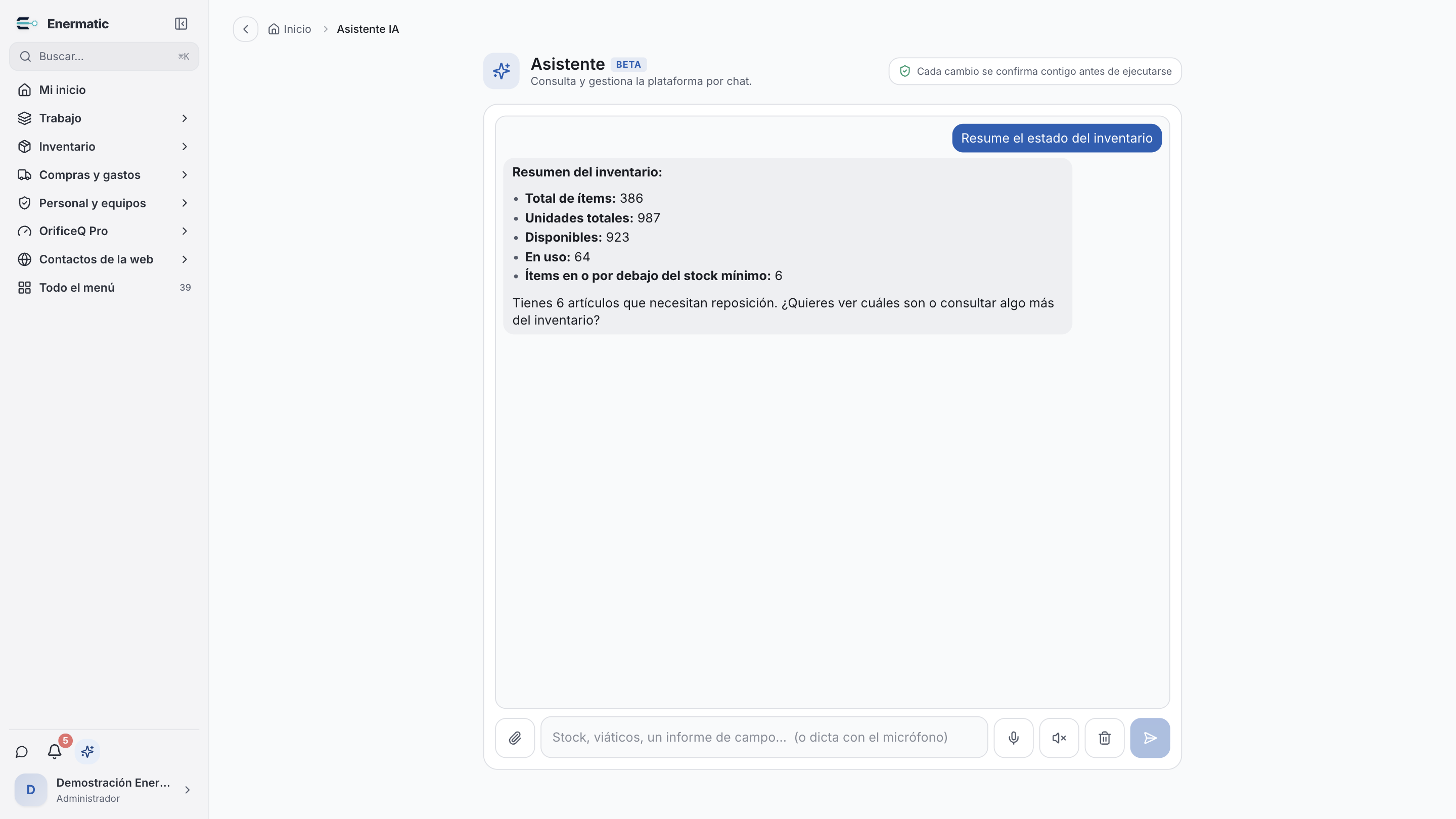 Asistente de IA de Enermatic Suite en un entorno demostrativo: consultas de stock, movimientos y préstamos, creación de salidas y aviso de confirmación antes de ejecutar cambios.