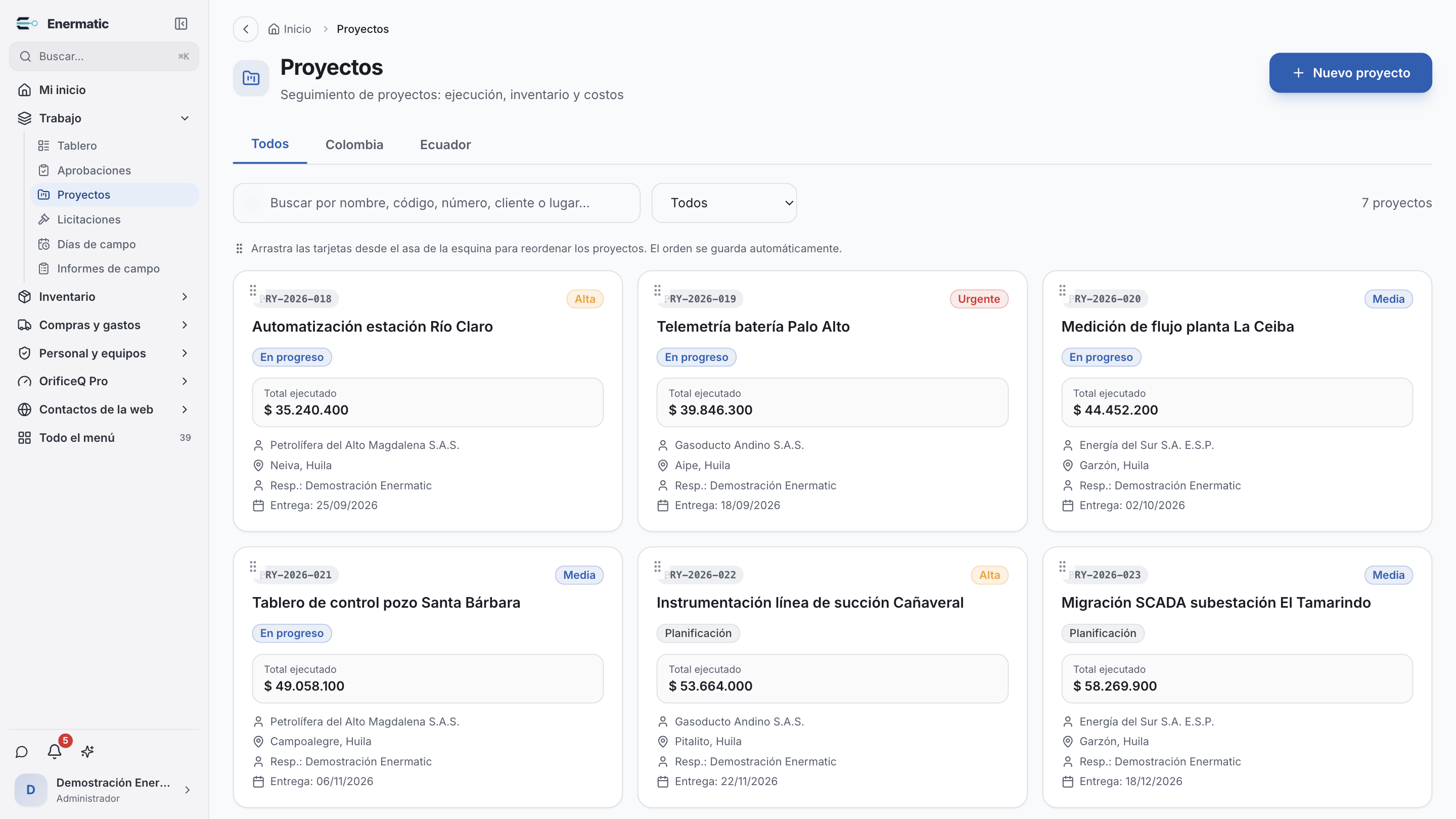 Tablero de proyectos de Enermatic Suite en un entorno demostrativo: cada proyecto con su estado, prioridad, cliente, lugar, responsable, fecha de entrega y total ejecutado.